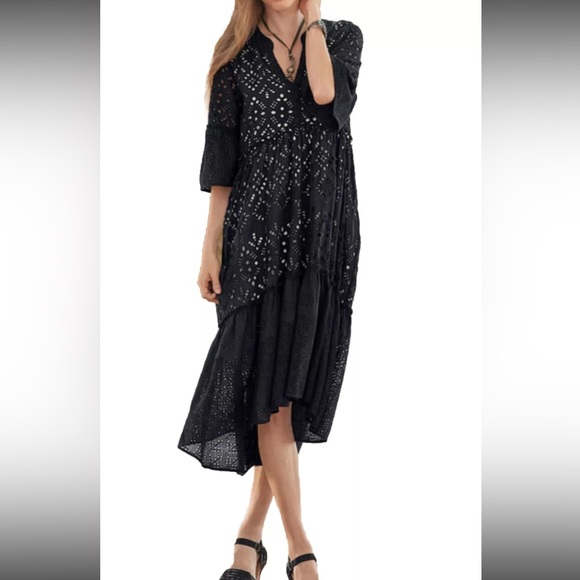 Sundance Selma Eyelet Midi Dress Black Ruffle Cotton Boho Women’s Size Medium - Picture 9 of 9